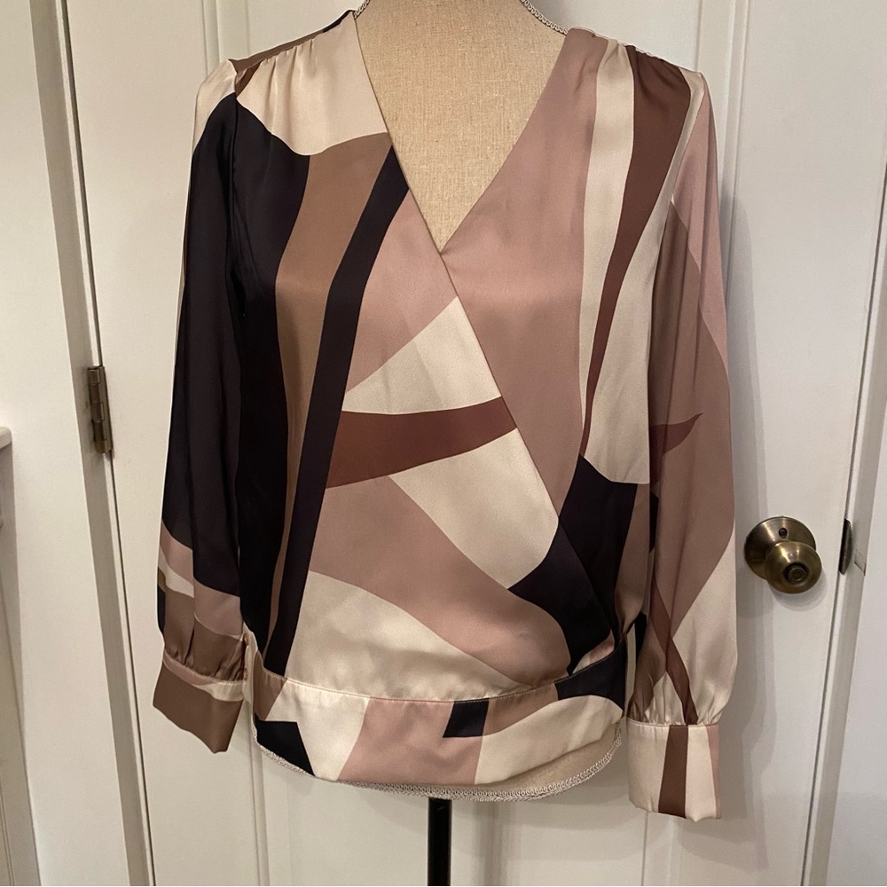 DREW Anthropologie Top Blouse Surplice V-Neck Long Sleeve cream Tan Brown Size S